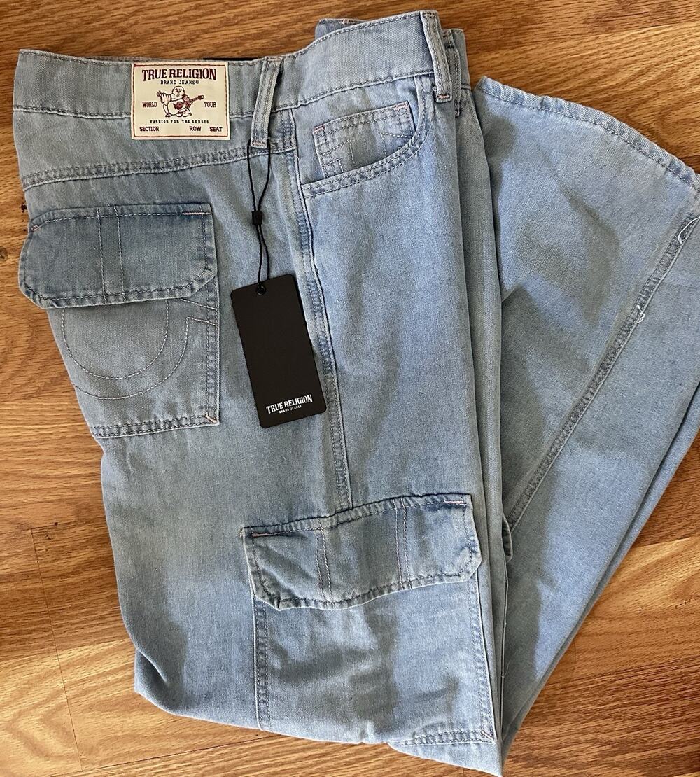 True Religion Bobby Baggy Blue Cargo Jeans Size 28 ( 34 x30) New With Tag
